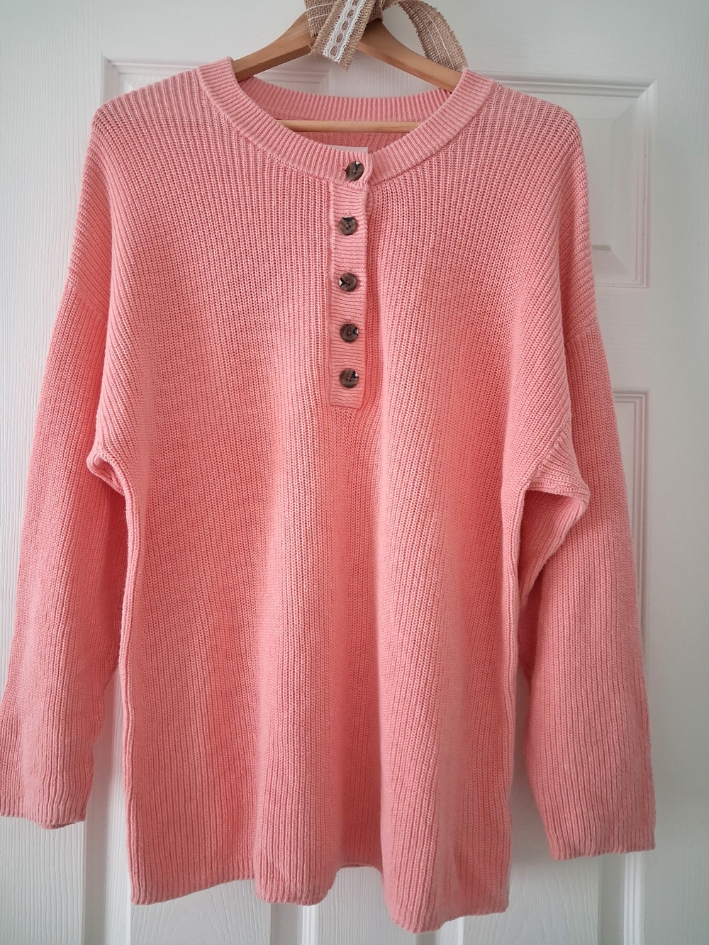 Aerie Cozy Strawberry Patch Pink Button Front Oversized Cotton Henley Sweater - Picture 5 of 6